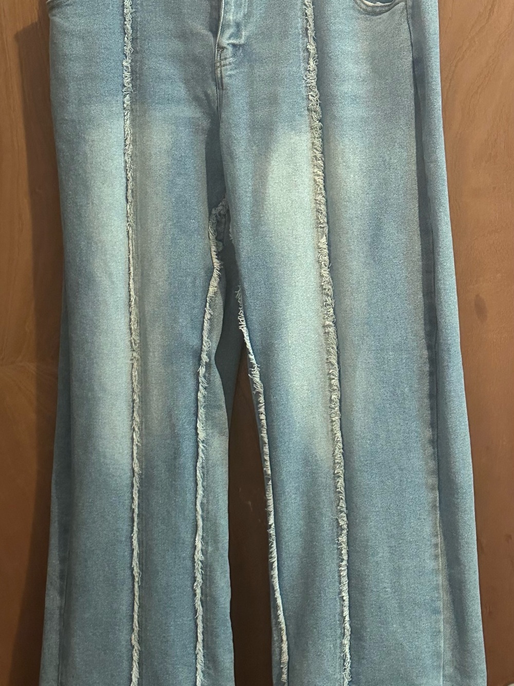 Fashion Nova Light Blue Flare Jeans with Raw-Seam Panels Size 15